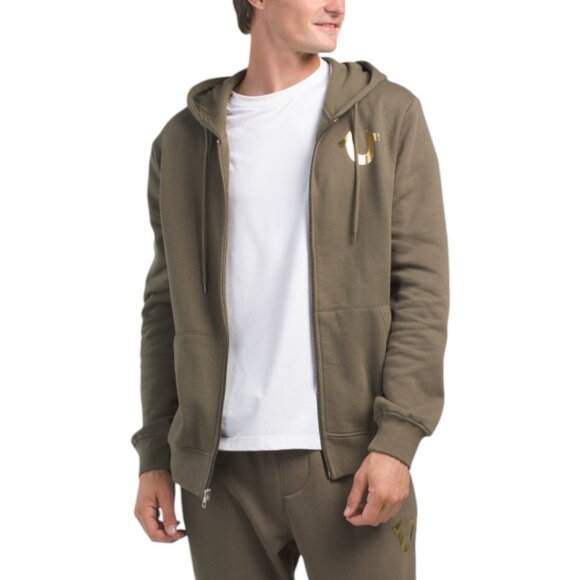 True Religion Men's 2 PC Sweatsuit Fleece Tracksuit Matching Outfit Olive Green - Picture 7 of 11